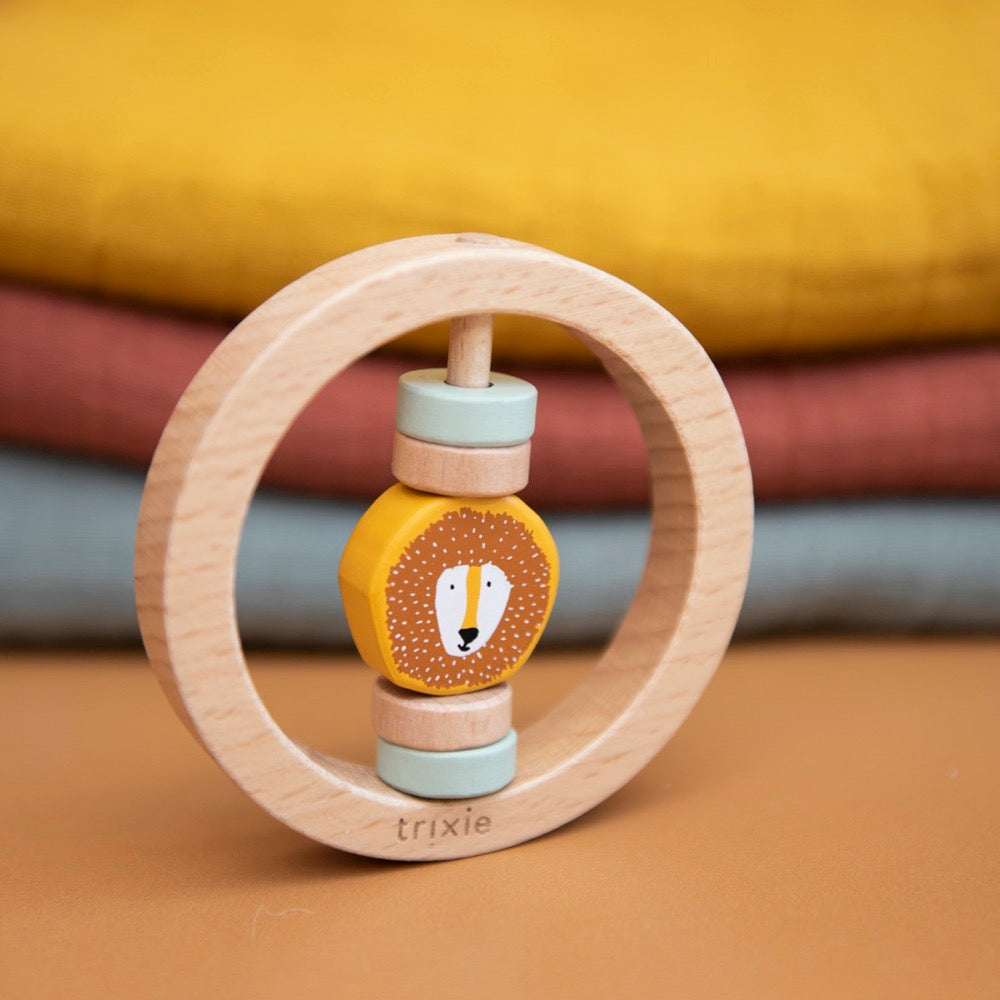 Wand Rattle Wooden Round Rattle - Mr Lion – Bow & Pearl